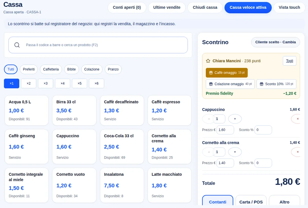 Cassa con tessera fidelity e premio in Opengest
