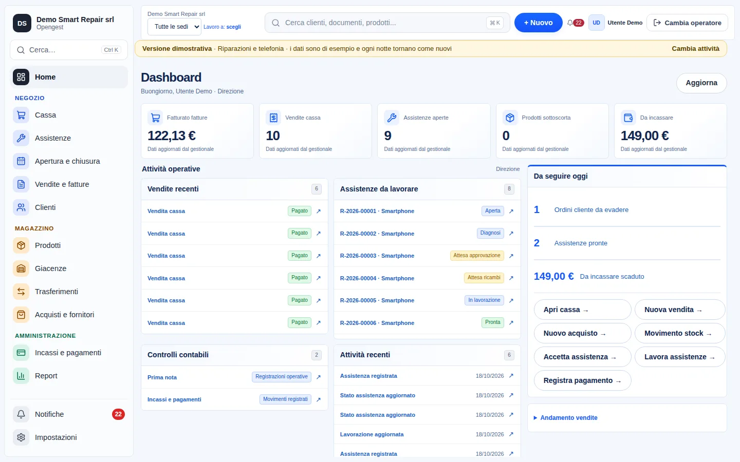 La schermata iniziale di Opengest: vendite, assistenze e attività del giorno